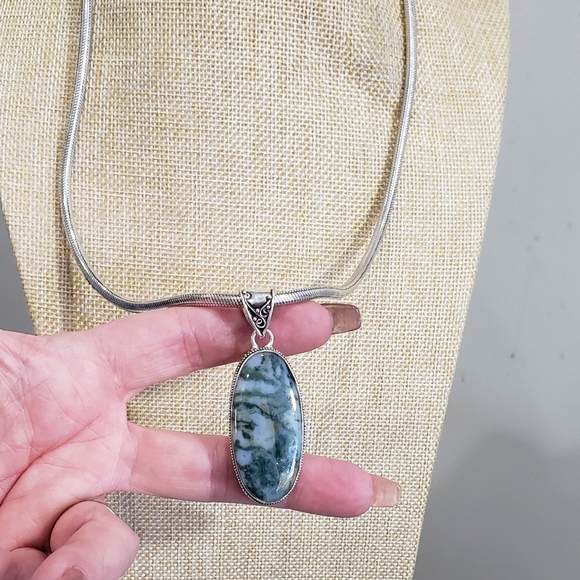 Natural Moss Agate Gem 925 Silver Handmade Thick Heavy Long Pendant Necklace - Picture 13 of 16